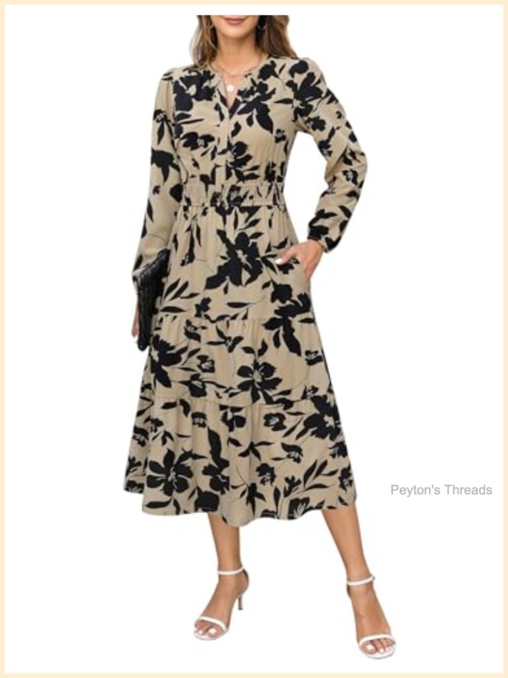Smocked Waist Midi Dress with Pockets Floral A Line Long Sleeve